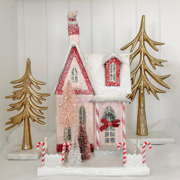 Candy Cane Cottage Glitter Holiday House with Santa