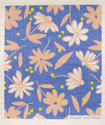 Pink Flowers on Blue - Swedish Dishcloth