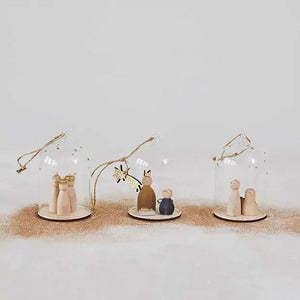 Glass Cloche Ornaments w/ Wood Nativity