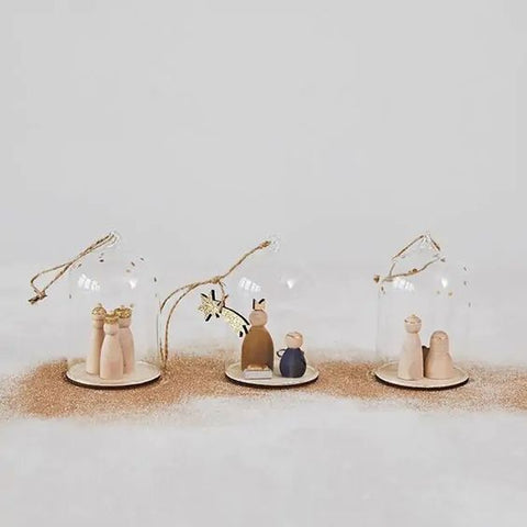 Glass Cloche Ornaments w/ Wood Nativity