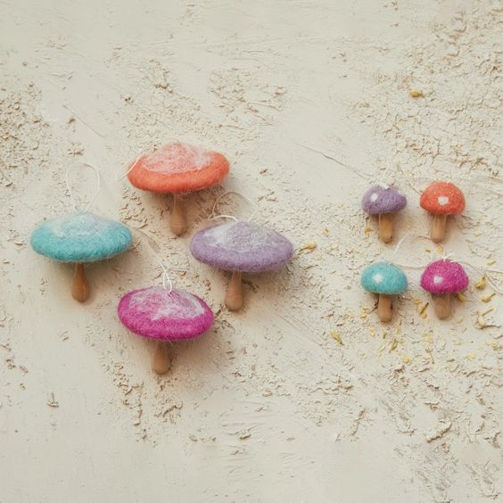 Pastel Felt + Wood Mushroom Ornaments (Large)